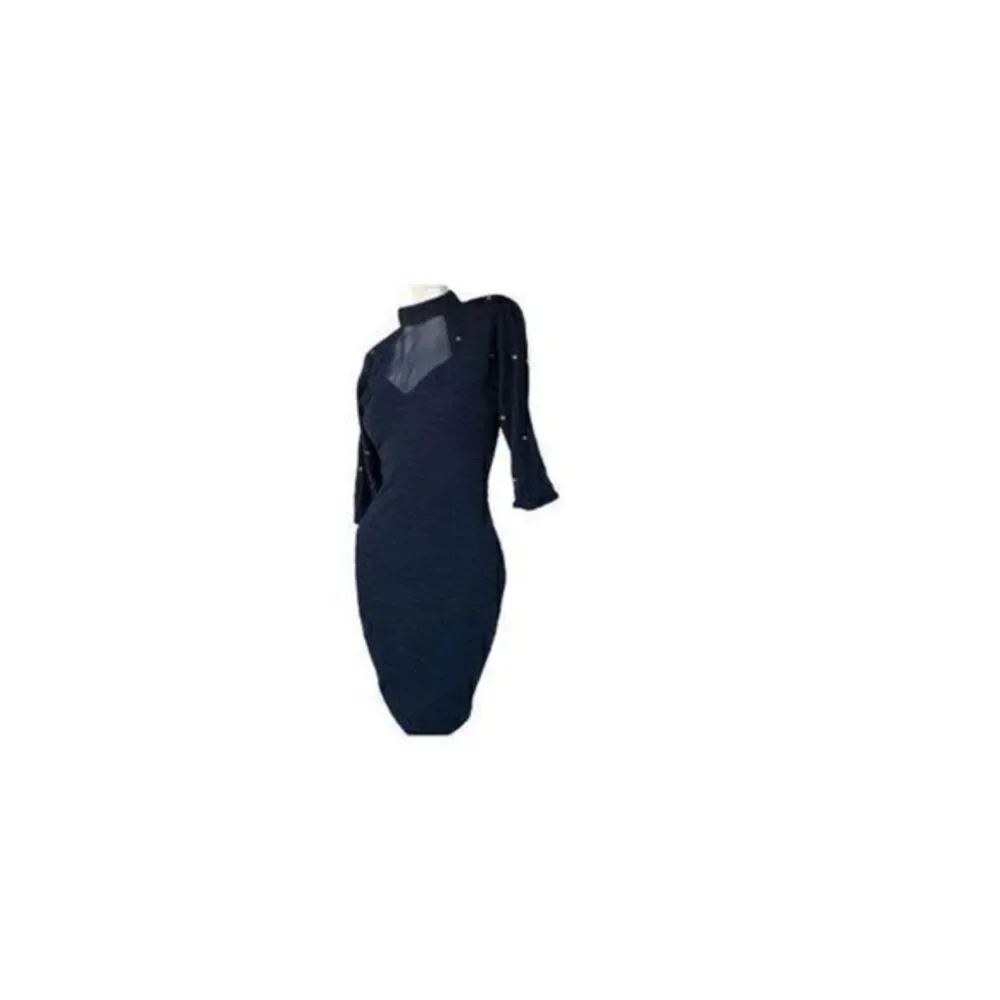 Absolutely! 80s Black Bodycon Mini Dress with Brass Stud Detailing and Choker Ne
